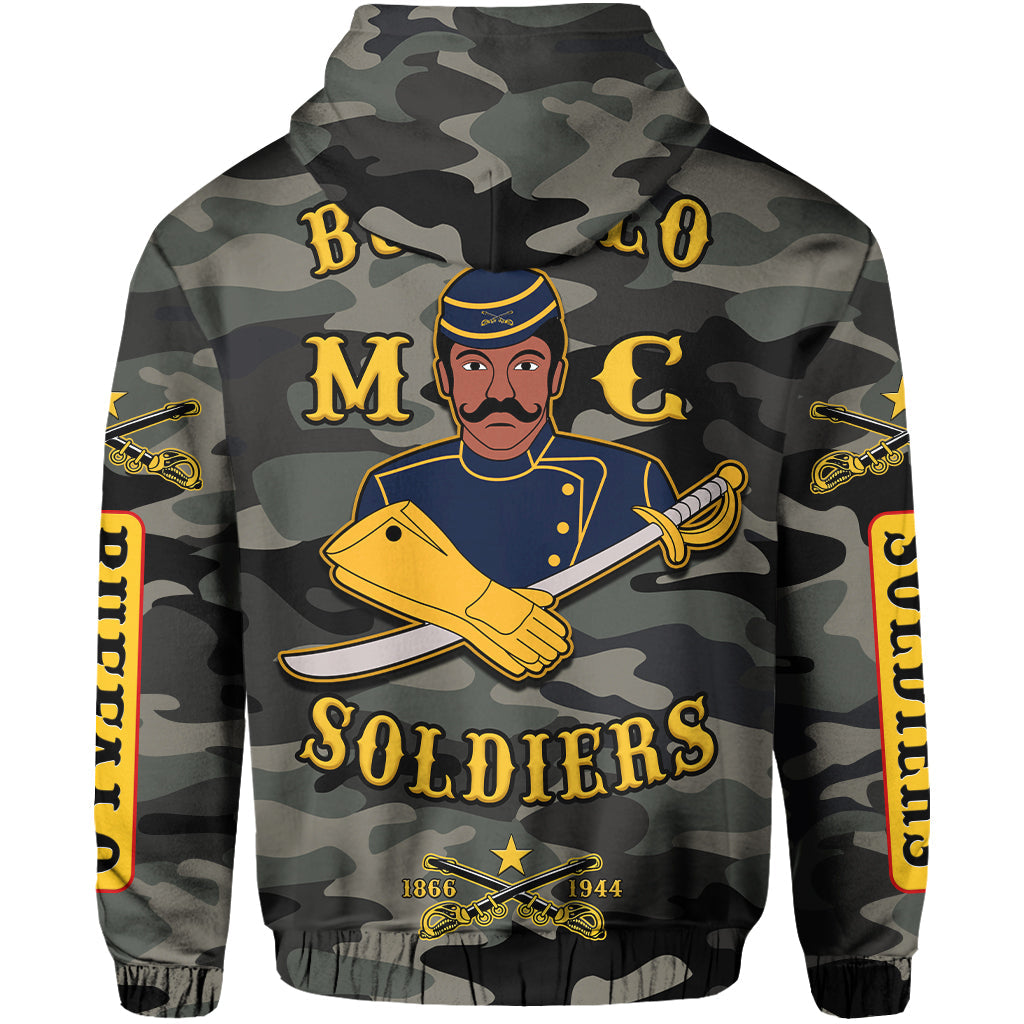 Camouflage hoodie back graphic with soldier, letter panels, 'Soldiers' and 1866–1944