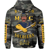 Camouflage hoodie back graphic with soldier, letter panels, 'Soldiers' and 1866–1944