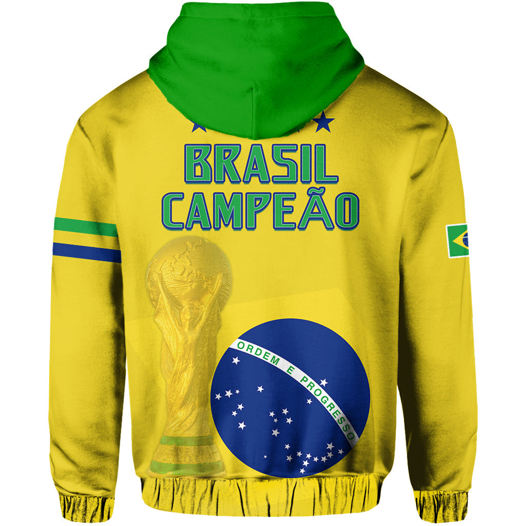 Brazil football hoodie back in yellow with green hood, "CAMPEAO" text, trophy and emblem