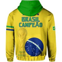 Brazil football hoodie back in yellow with green hood, "CAMPEAO" text, trophy and emblem