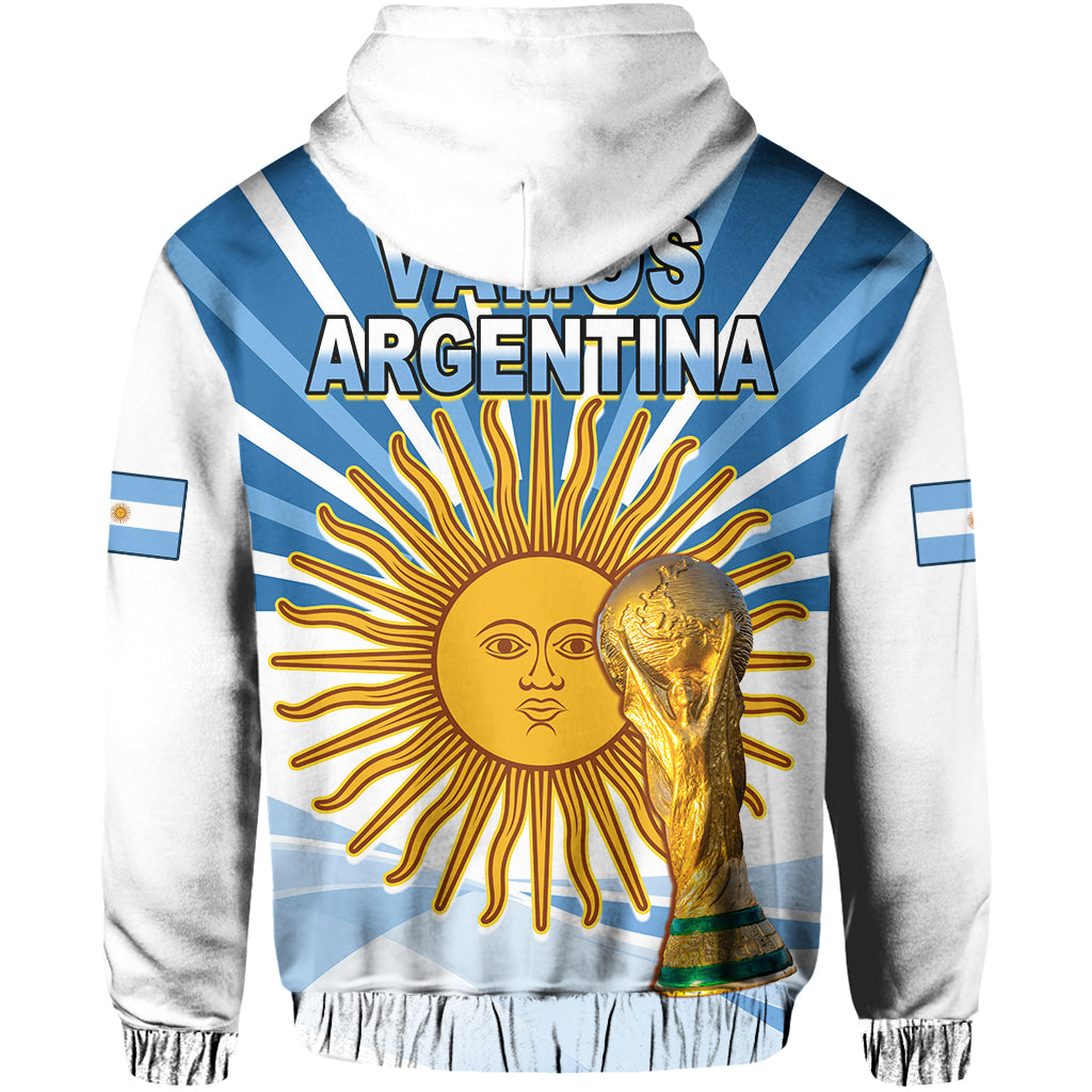 Argentina football hoodie back, white with blue rays and golden sun figure