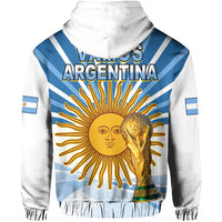 Argentina football hoodie back, white with blue rays and golden sun figure