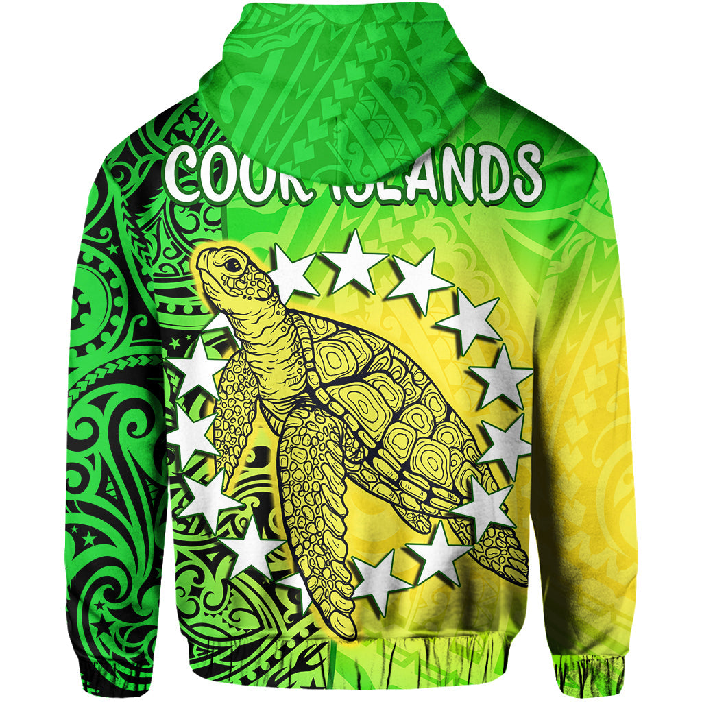 Green hoodie back: Cook Islands text with Polynesian turtle and star frame