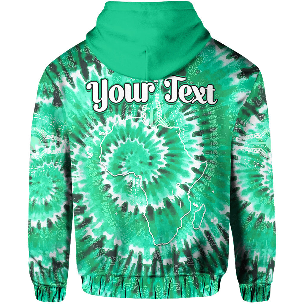 Green tie-dye hoodie back with placeholder 'your Text' and tribal mandala burst