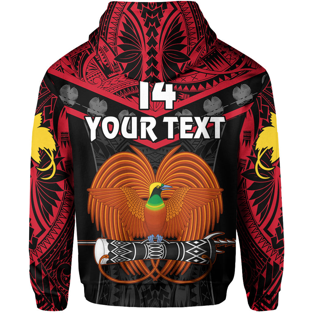 Black pullover hoodie front with red trim, 14 and YOUR TEXT over bird-and-gun graphic