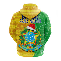 Green and yellow pullover hoodie with 'Feliz Natal' text and Brazil emblem on back