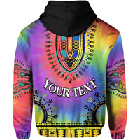 'YOUR TEXT' dashiki tie-dye hoodie back, multicolor African pattern, black hood
