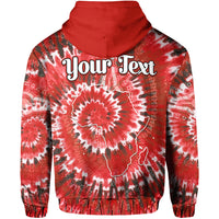 Red Africa tie-dye hoodie back view with large “your Text” graphic over emblem