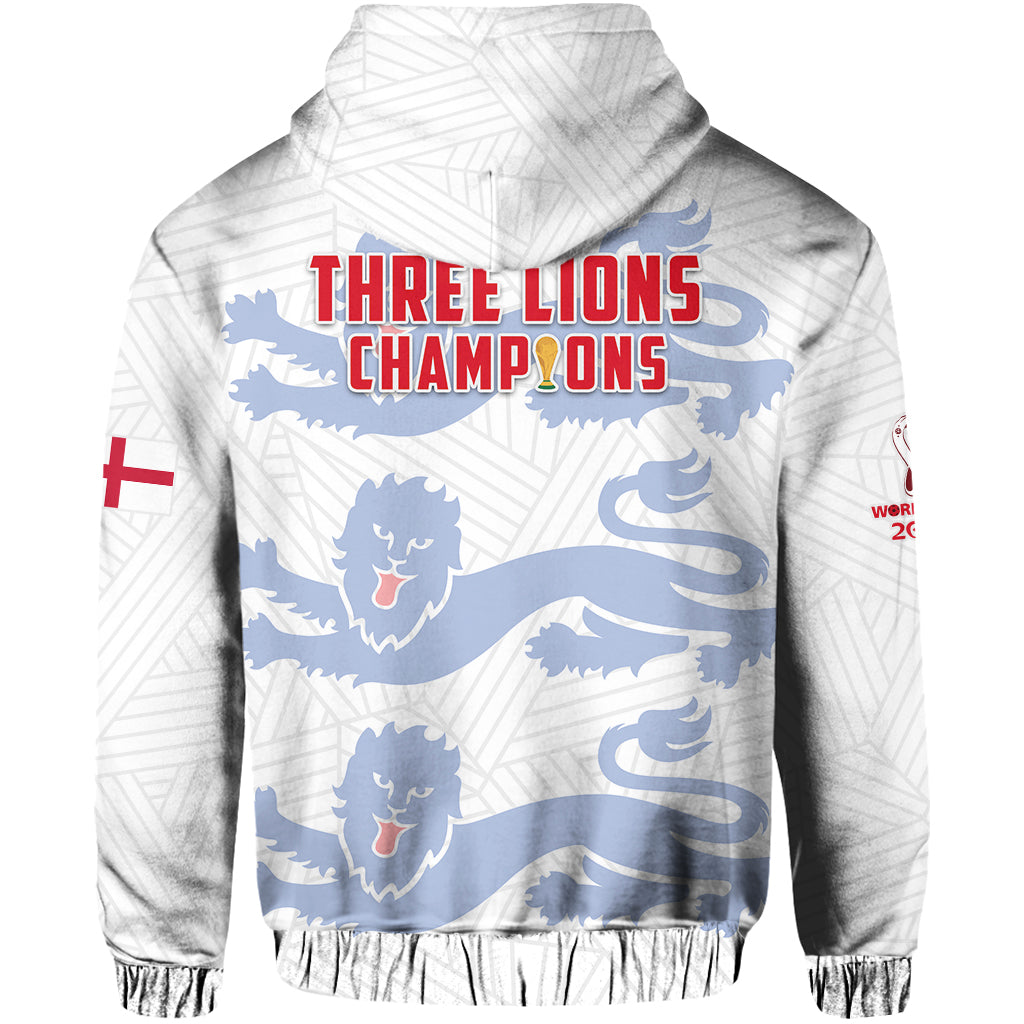 White hoodie back with large THREE LIONS CHAMPIONS text and blue lion flag graphics.