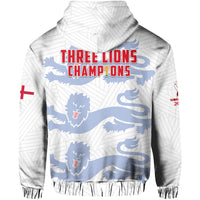 White hoodie back with large THREE LIONS CHAMPIONS text and blue lion flag graphics.