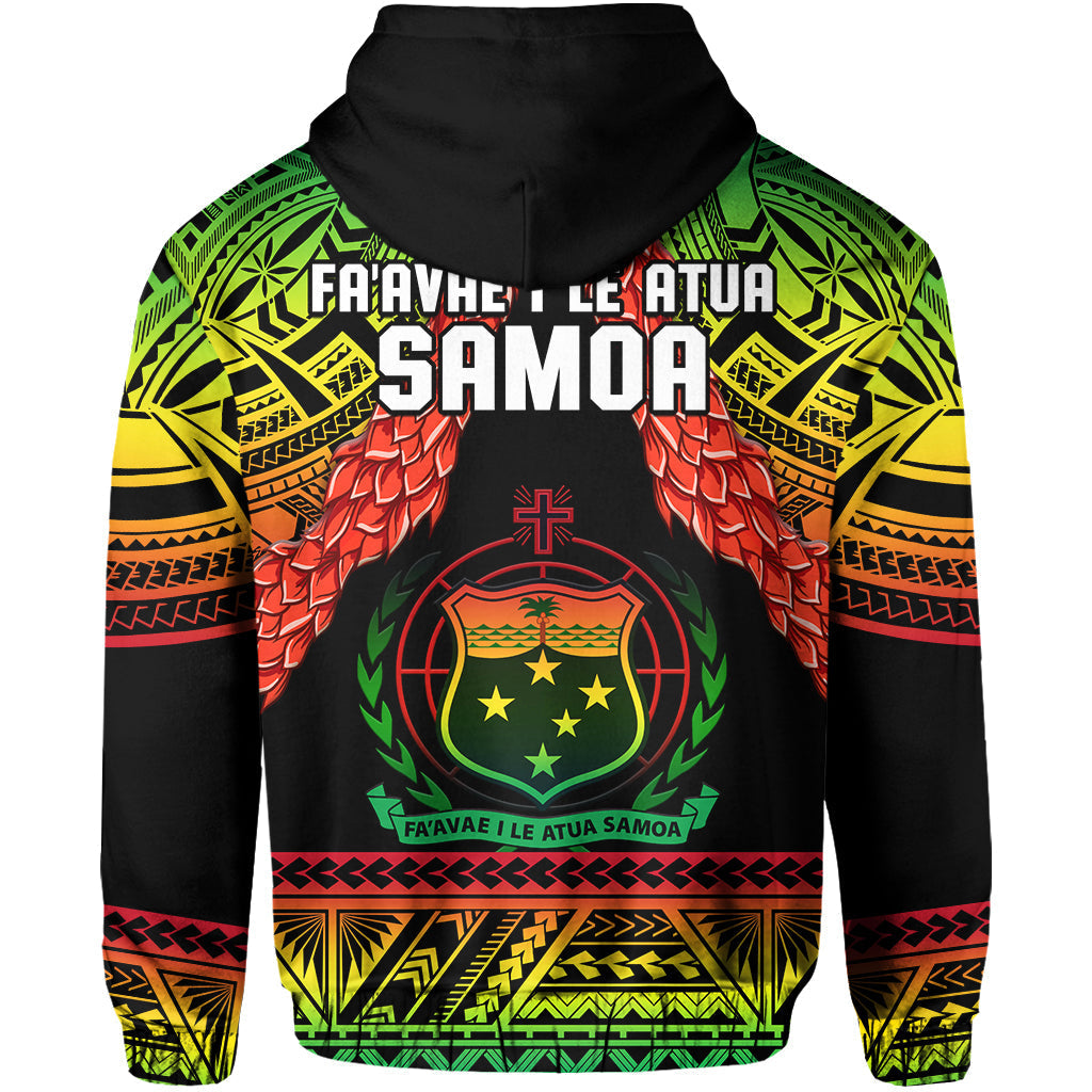 Rugby pullover hoodie back with black base, green patterns, red flowers, Samoa shield crest