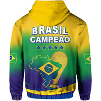 Brazil football hoodie, yellow-to-green gradient back with 'CAMPEAO' text, stars and Brazil map