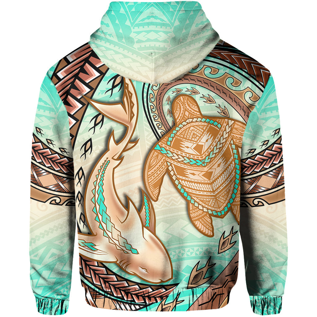 Hawaii Hoodie Polynesian Shark And Sea Turtle Dreamy Turquoise Artsy - Wonder Print Shop