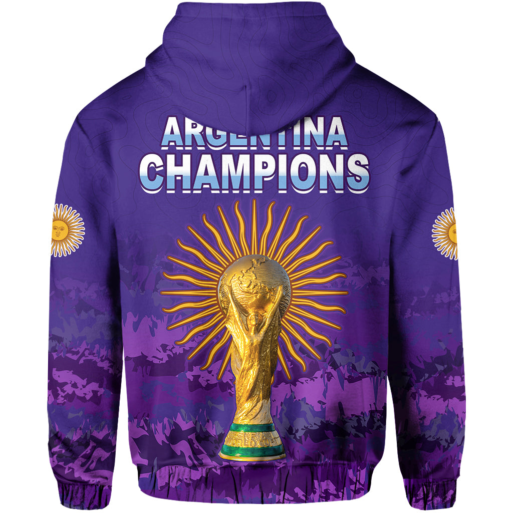 Purple football hoodie back with hood, ARGENTINA CHAMPIONS lettering and gold trophy print