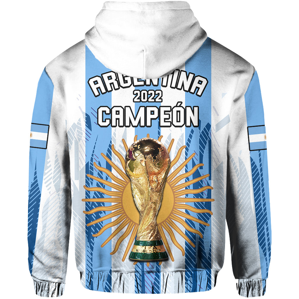 Argentina football hoodie back: white and blue stripes, 'Campeón 2022' with trophy graphic