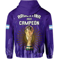 Purple football hoodie with hood, back ARGENTINA CAMPEON 2022 and trophy graphic