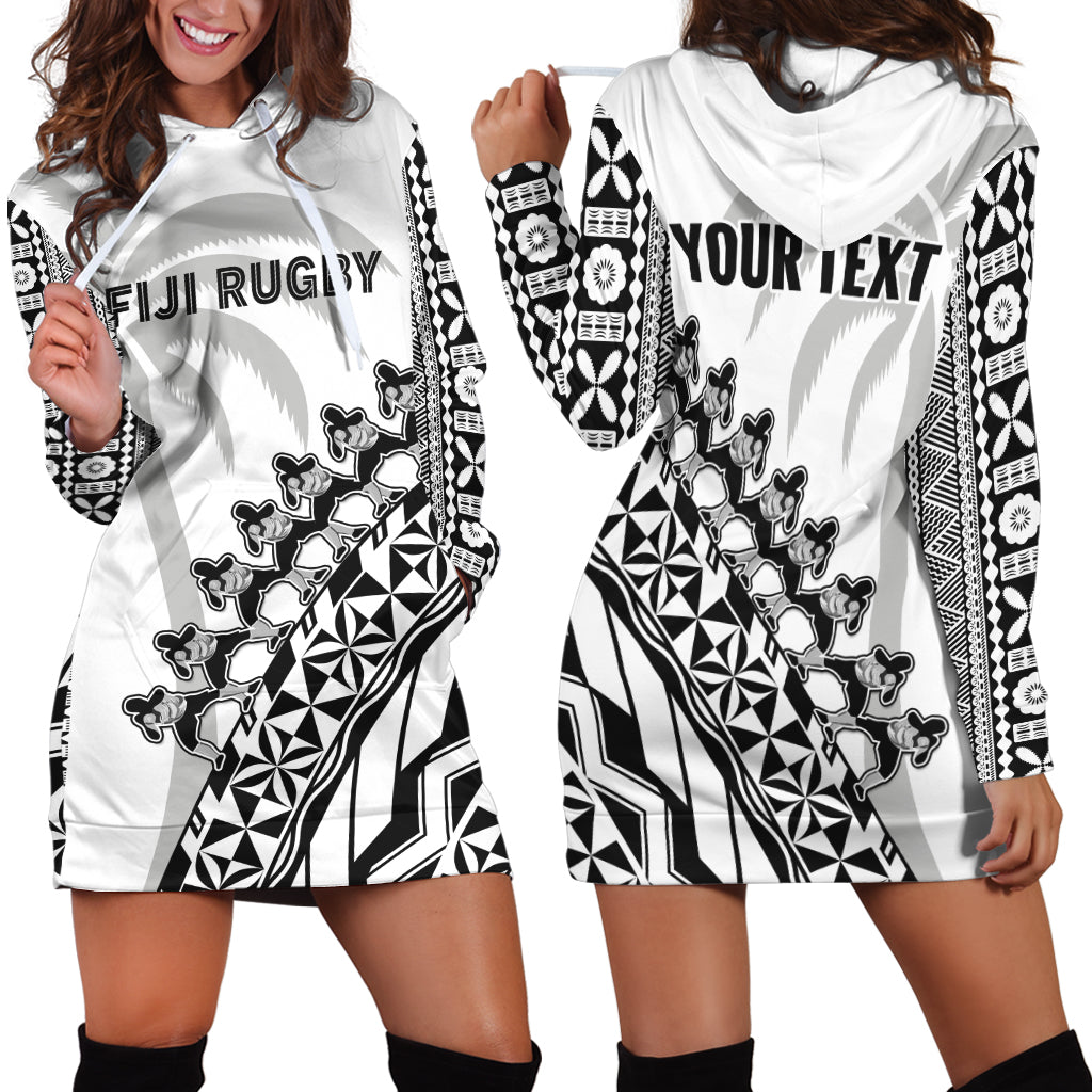 Custom Personalised Fiji Rugby Hoodie Dress Fijian Cibi Dance Tapa Pattern White - Wonder Print Shop