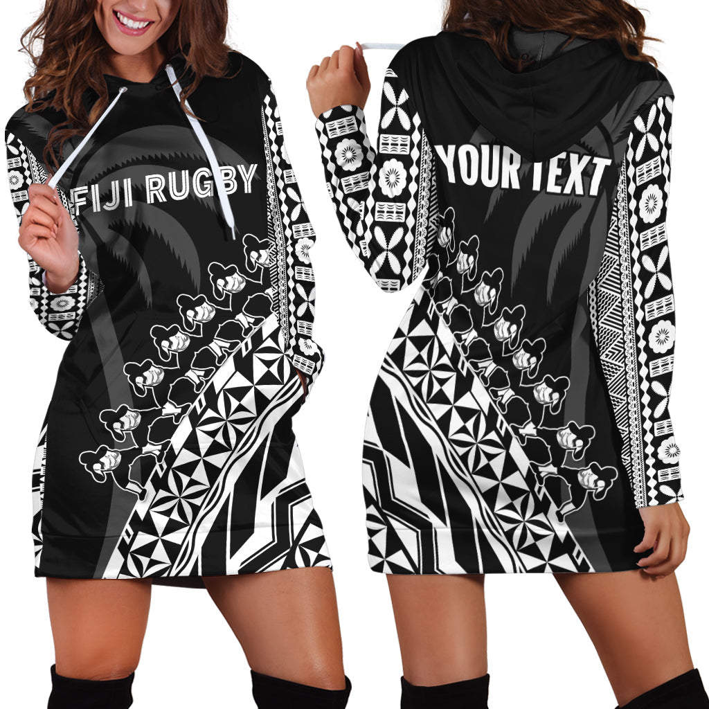 Custom Personalised Fiji Rugby Hoodie Dress Fijian Cibi Dance Tapa Pattern Black - Wonder Print Shop