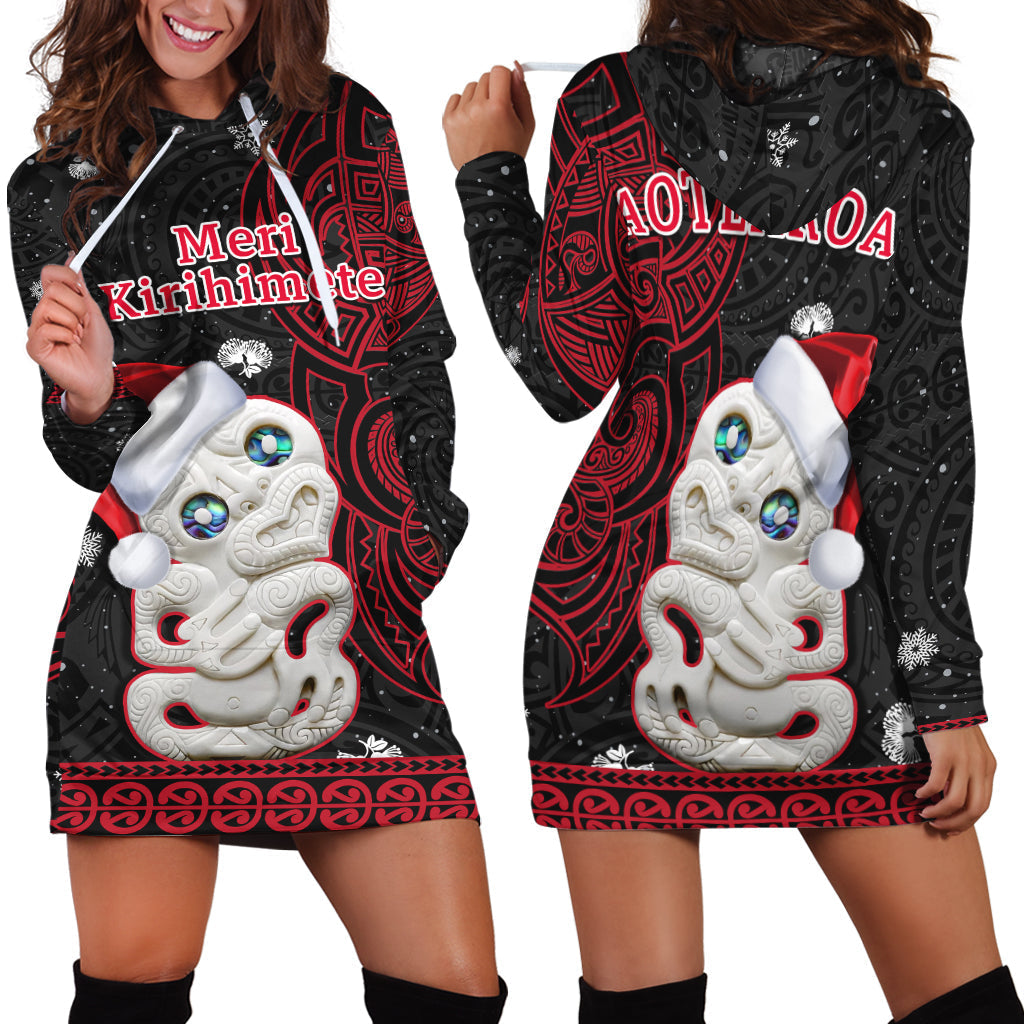 New Zealand Christmas Hoodie Dress Hei Tiki Red Pohutukawa Meri Kirihimete - Wonder Print Shop