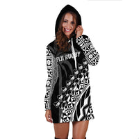 Hoodie dress in black with white geometric and floral-style tribal print, hood up