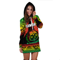 Rugby hoodie dress in black with green, yellow, red tribal print and front hood