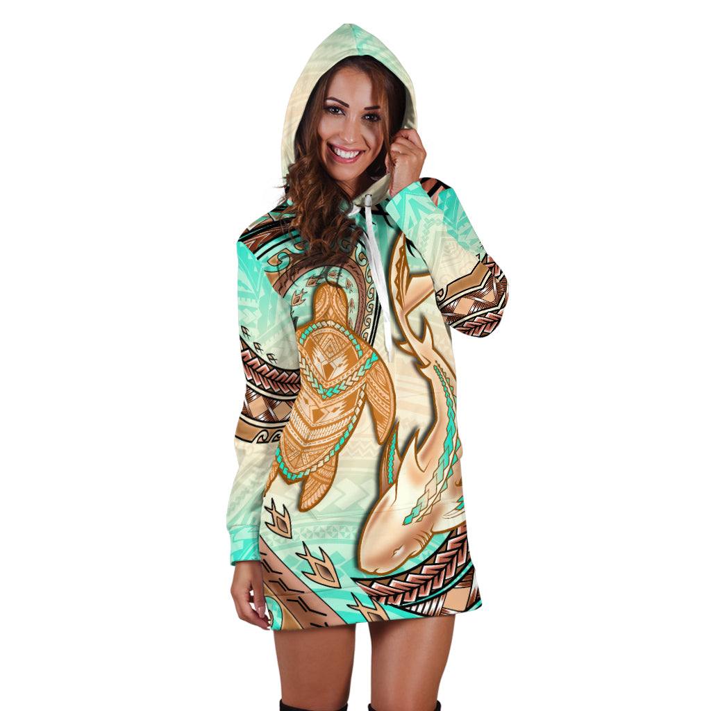 Hawaii Hoodie Dress Polynesian Shark And Sea Turtle Dreamy Turquoise Artsy - Wonder Print Shop