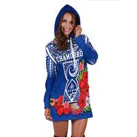 Custom Personalised Guam Chamorro Hoodie Dress Guaman Latte Stone Tropical Flowers Blue Version - Wonder Print Shop