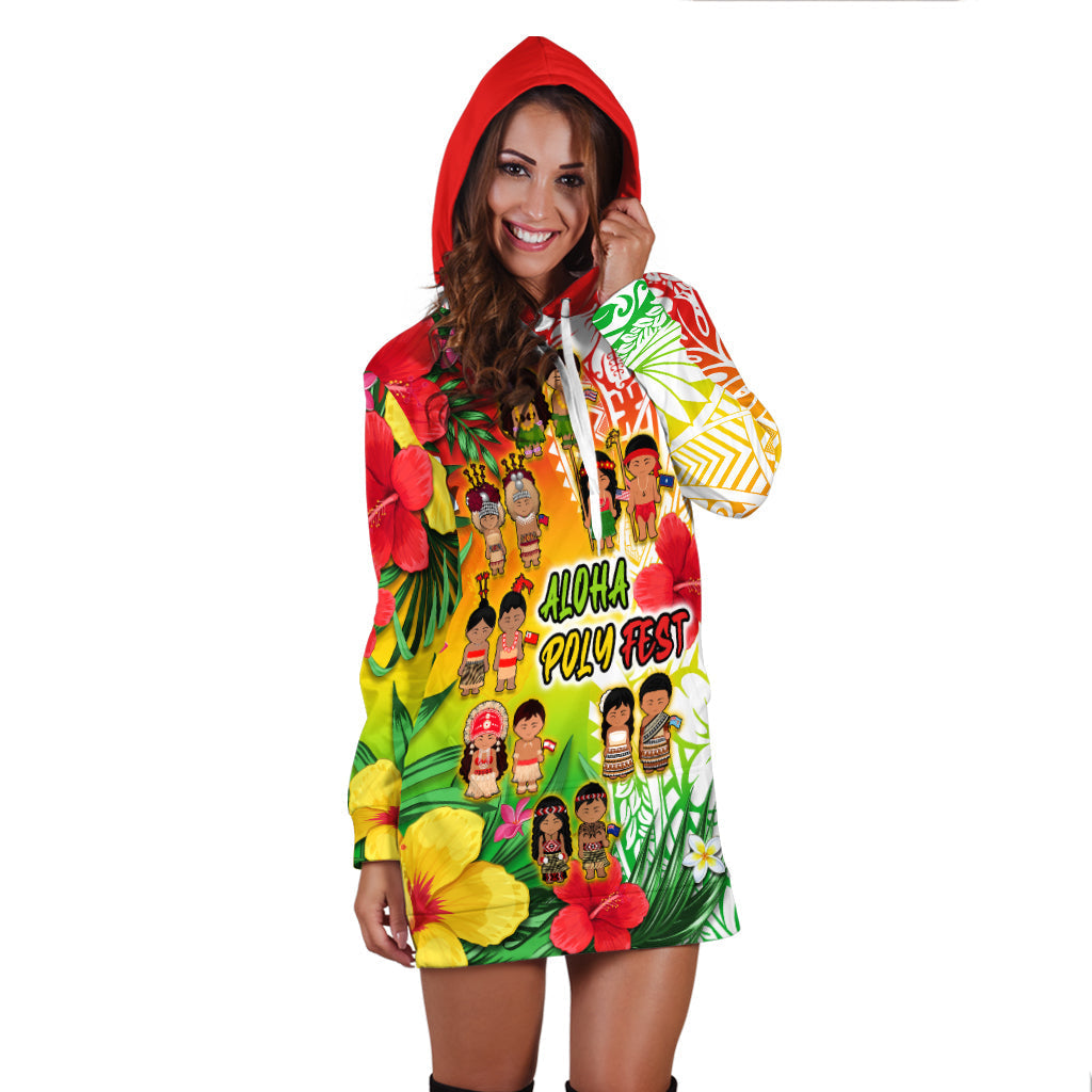 Aloha Poly Fest Hoodie Dress Polynesian Pattern With Tropical Flowers - Wonder Print Shop