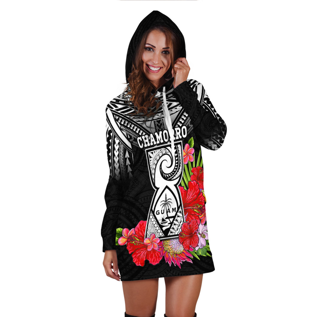 Custom Personalised Guam Chamorro Hoodie Dress Guaman Latte Stone Tropical Flowers Black Style - Wonder Print Shop