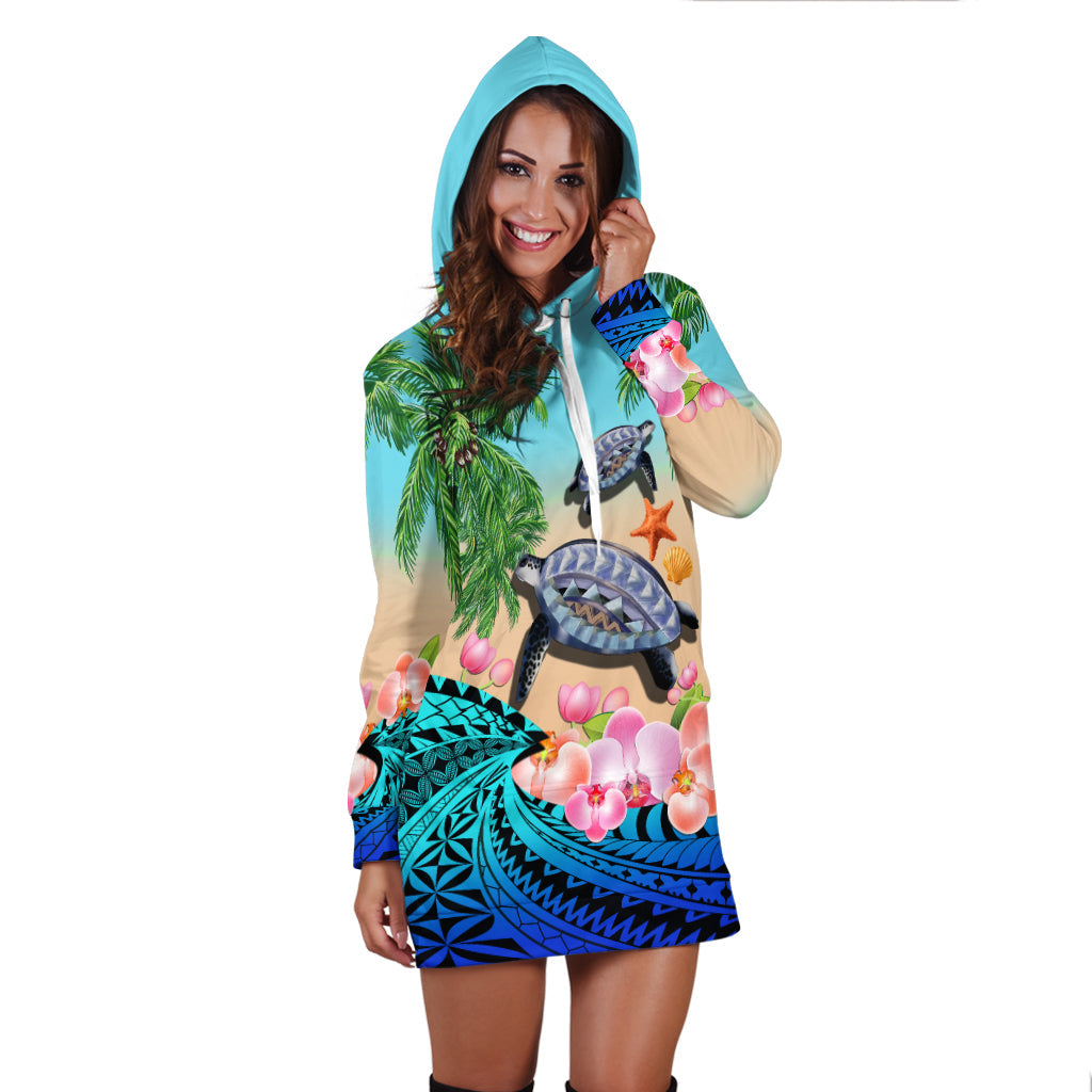 Custom Personalised Polynesian Turtle Coconut Tree And Orchids Hoodie Dress - Wonder Print Shop