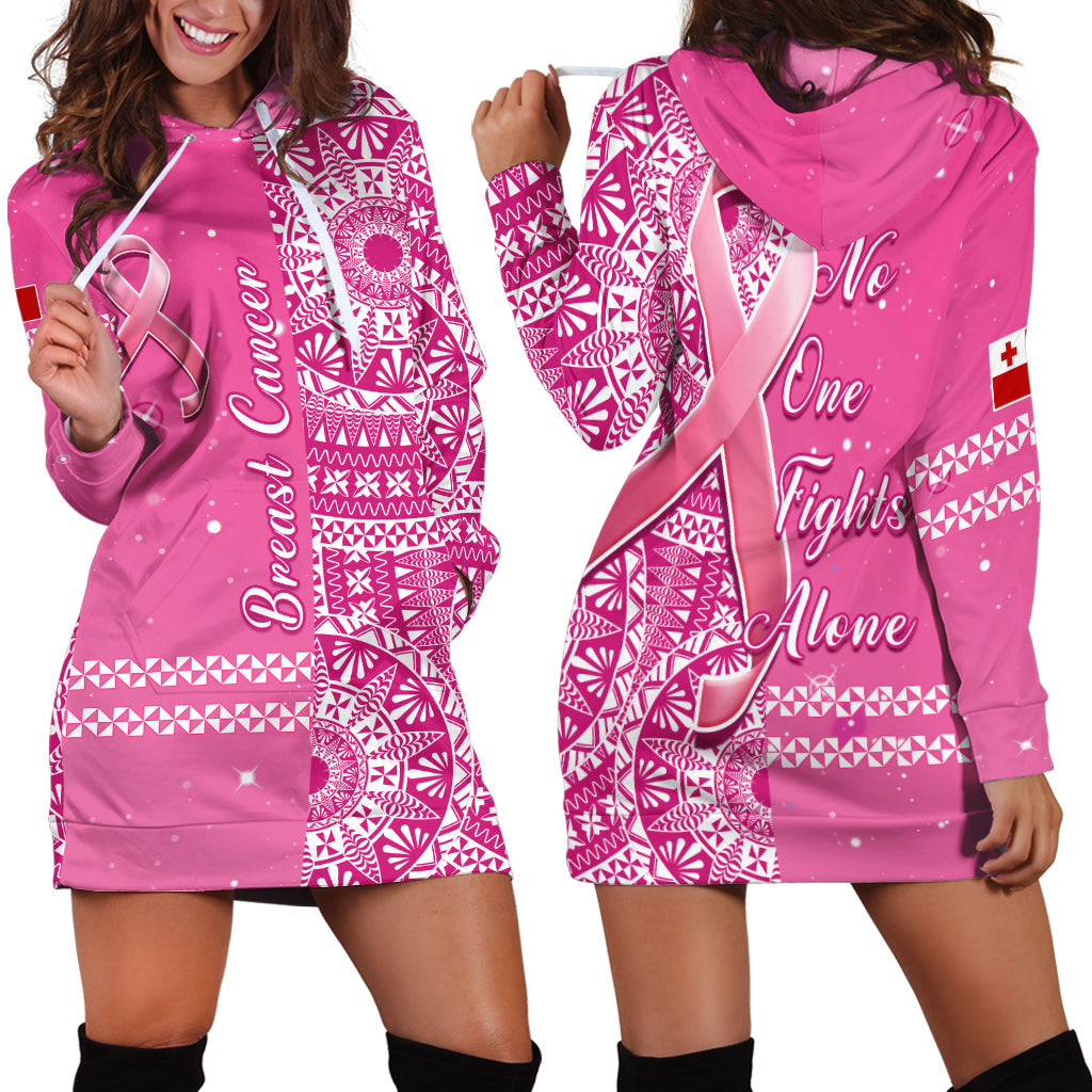 Tonga Breast Cancer Hoodie Dress Tongan Ngatu Pattern No One Fights Alone - Wonder Print Shop