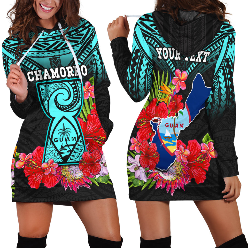Custom Personalised Guam Chamorro Hoodie Dress Guaman Latte Stone Tropical Flowers Turquoise Style - Wonder Print Shop