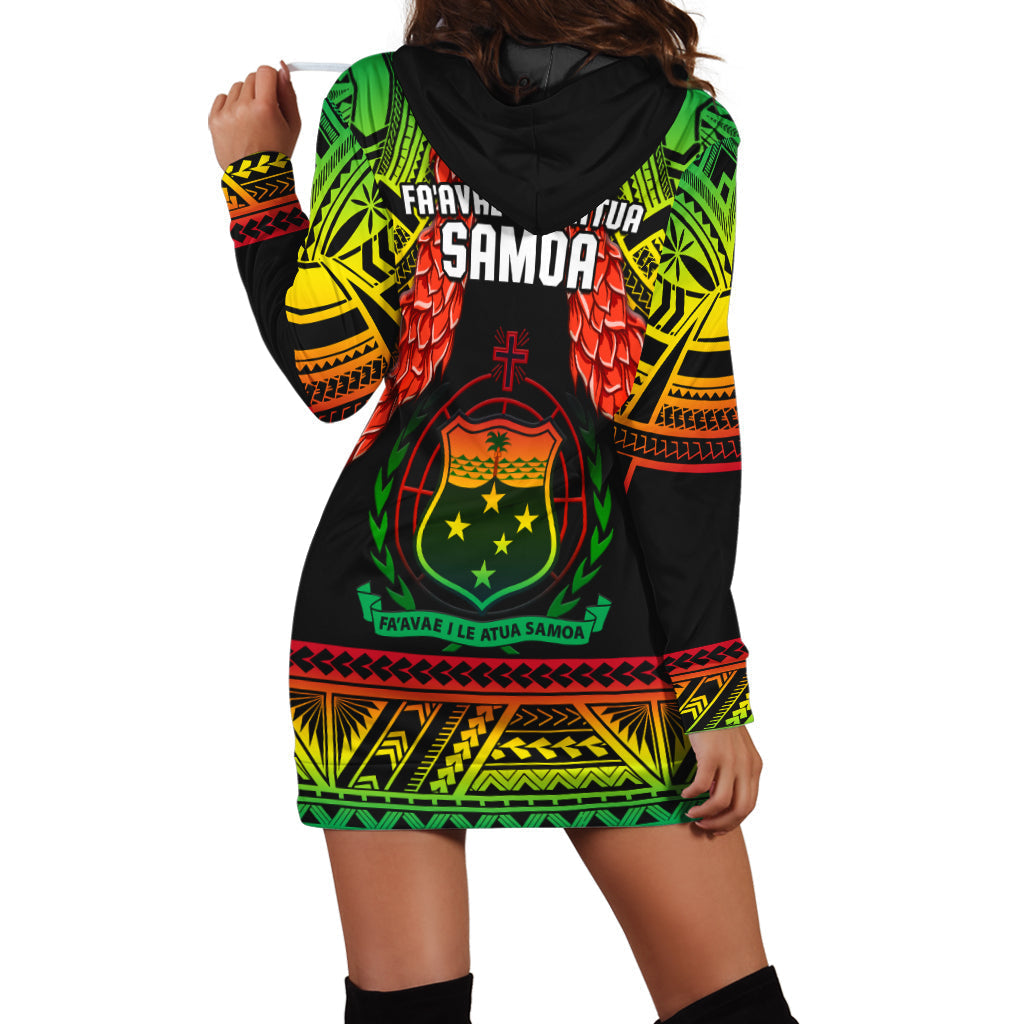 Rugby hoodie dress in black with green, yellow, red back tribal print and hood