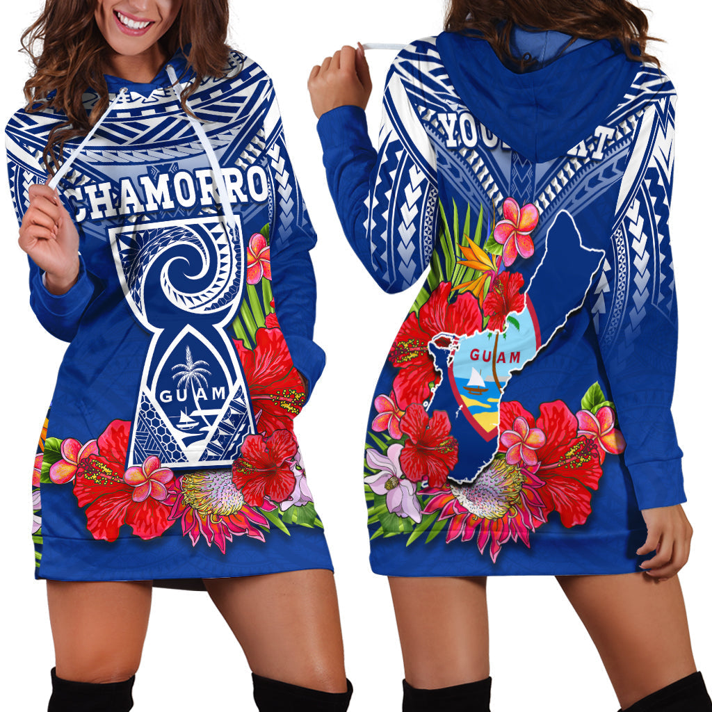 Custom Personalised Guam Chamorro Hoodie Dress Guaman Latte Stone Tropical Flowers Blue Version - Wonder Print Shop