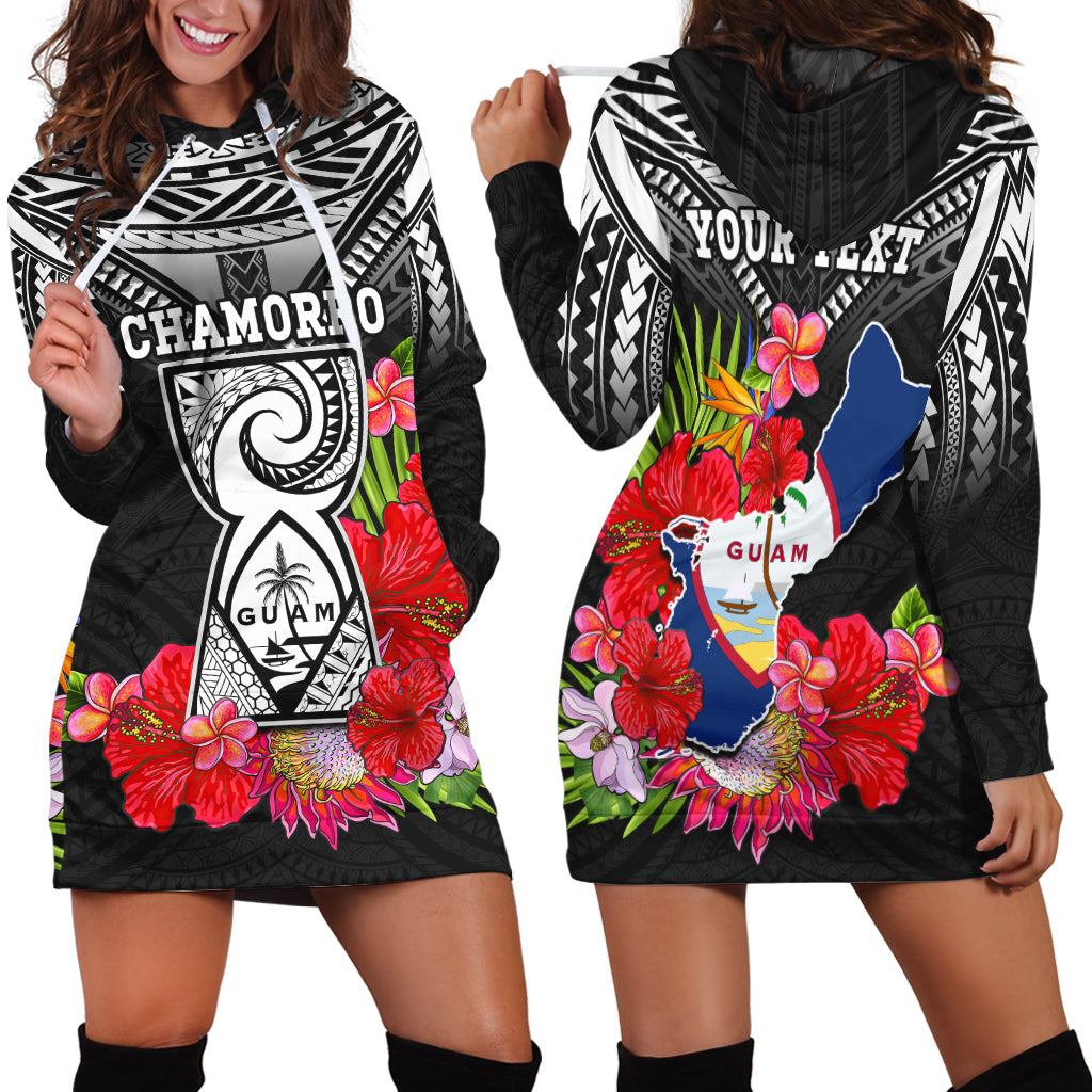 Custom Personalised Guam Chamorro Hoodie Dress Guaman Latte Stone Tropical Flowers Black Style - Wonder Print Shop