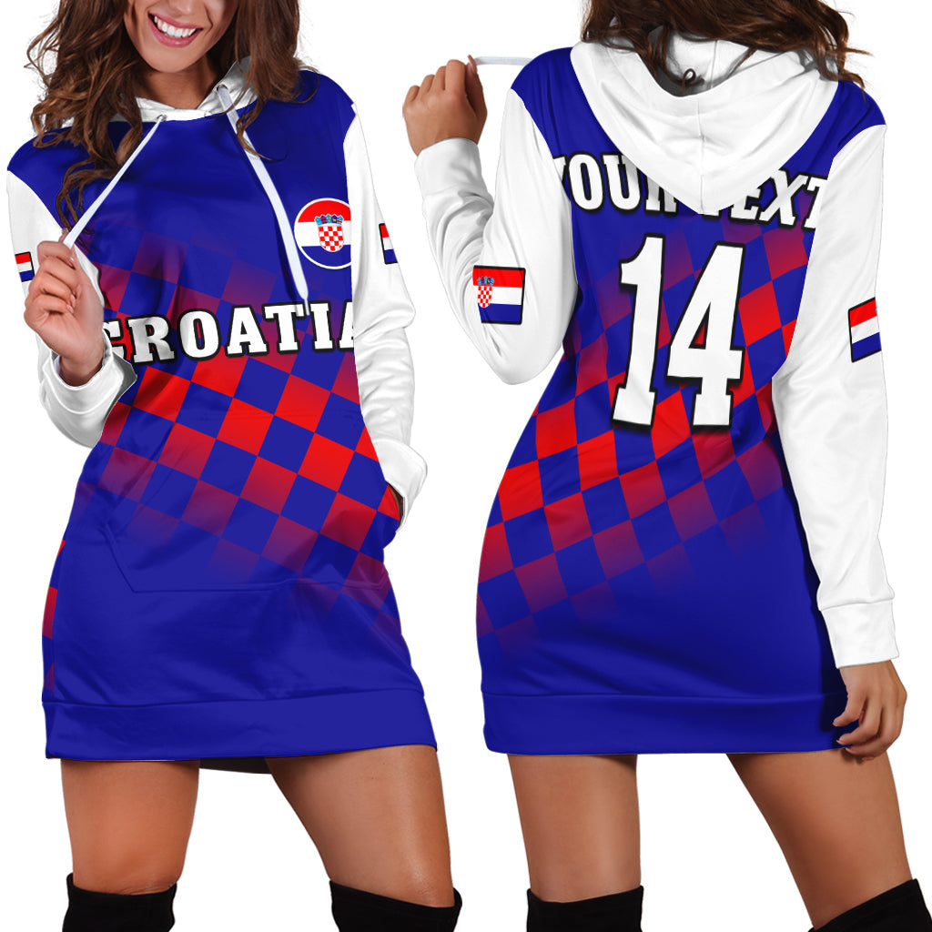 (Custom Text And Number) Croatia Football Hoodie Dress Hrvatska Checkerboard Blue Version - Wonder Print Shop