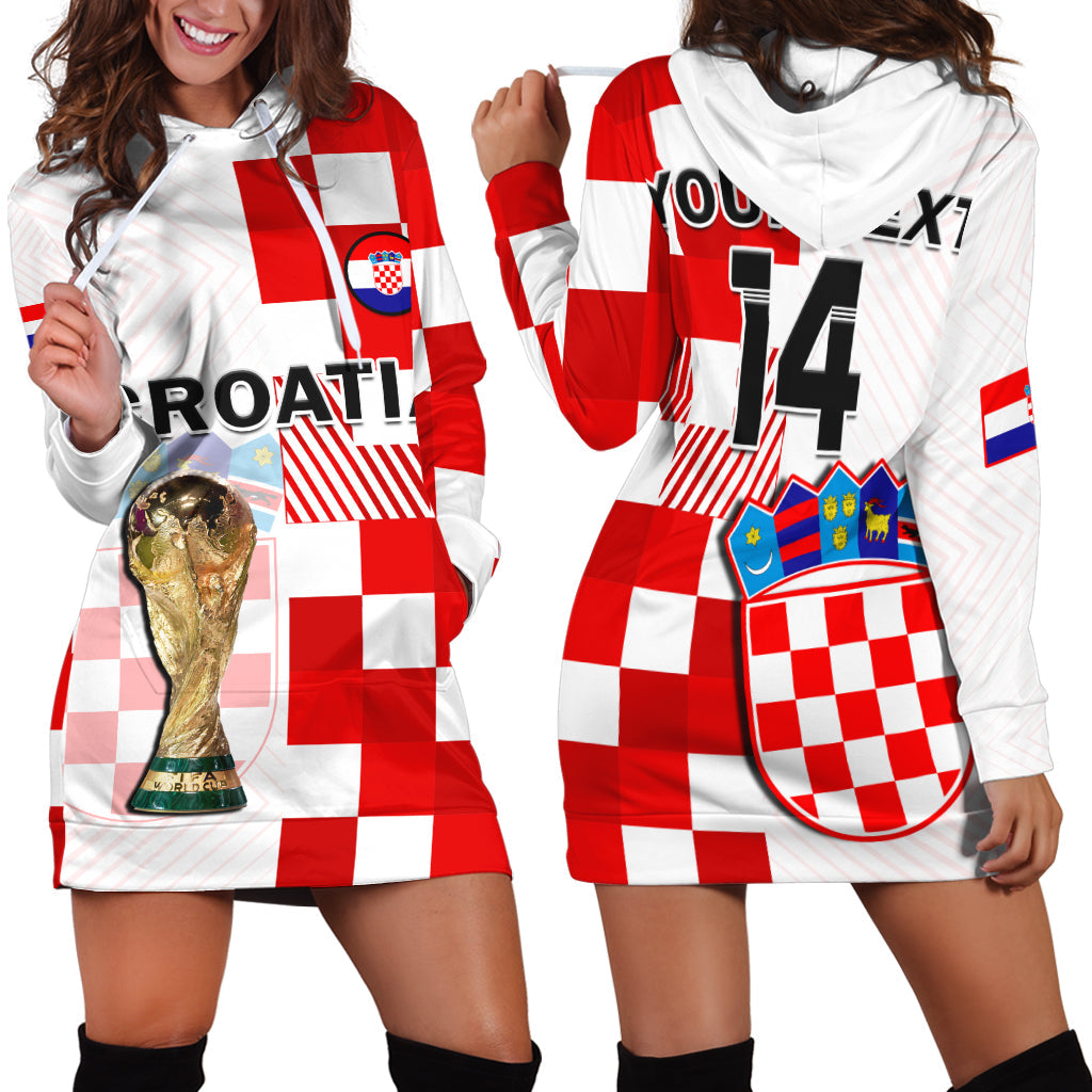 (Custom Text And Number) Croatia Football Hoodie Dress Hrvatska Checkerboard Champions WC 2022 - Wonder Print Shop