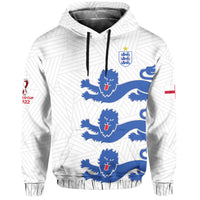 White pullover hoodie with blue lion crest graphic and drawstring hood.