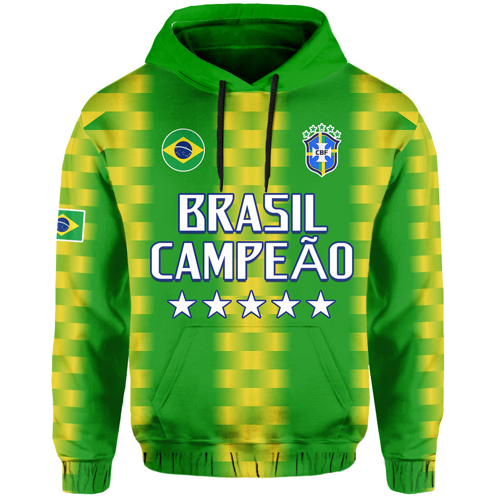 Green pullover hoodie with Brasil Campeao print, Brazil crest badge and drawstring hood.