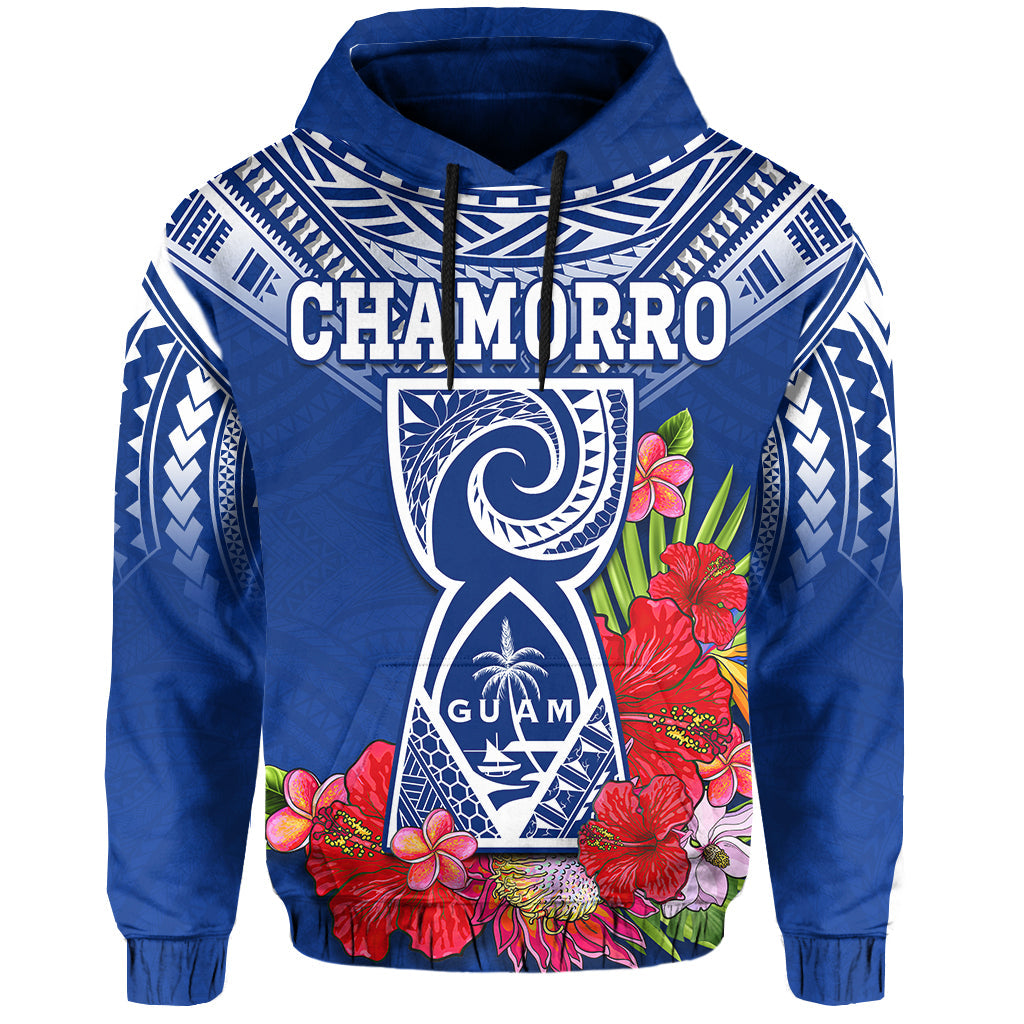 Custom Personalised Guam Chamorro Hoodie Guaman Latte Stone Tropical Flowers Blue Version - Wonder Print Shop