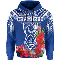 Custom Personalised Guam Chamorro Hoodie Guaman Latte Stone Tropical Flowers Blue Version - Wonder Print Shop