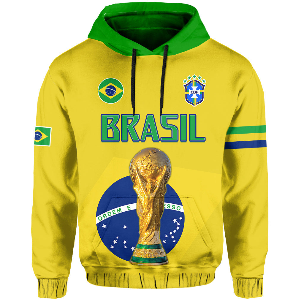 Yellow Brazil football hoodie front view with green hood, Brasil text, and trophy graphic.