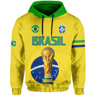 Yellow Brazil football hoodie front view with green hood, Brasil text, and trophy graphic.