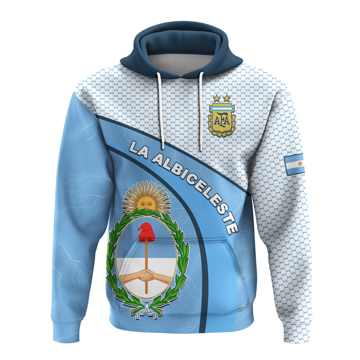 Blue Argentina football hoodie with AFA crest, hood drawstrings, and diagonal LA ALBICELESTE stripe