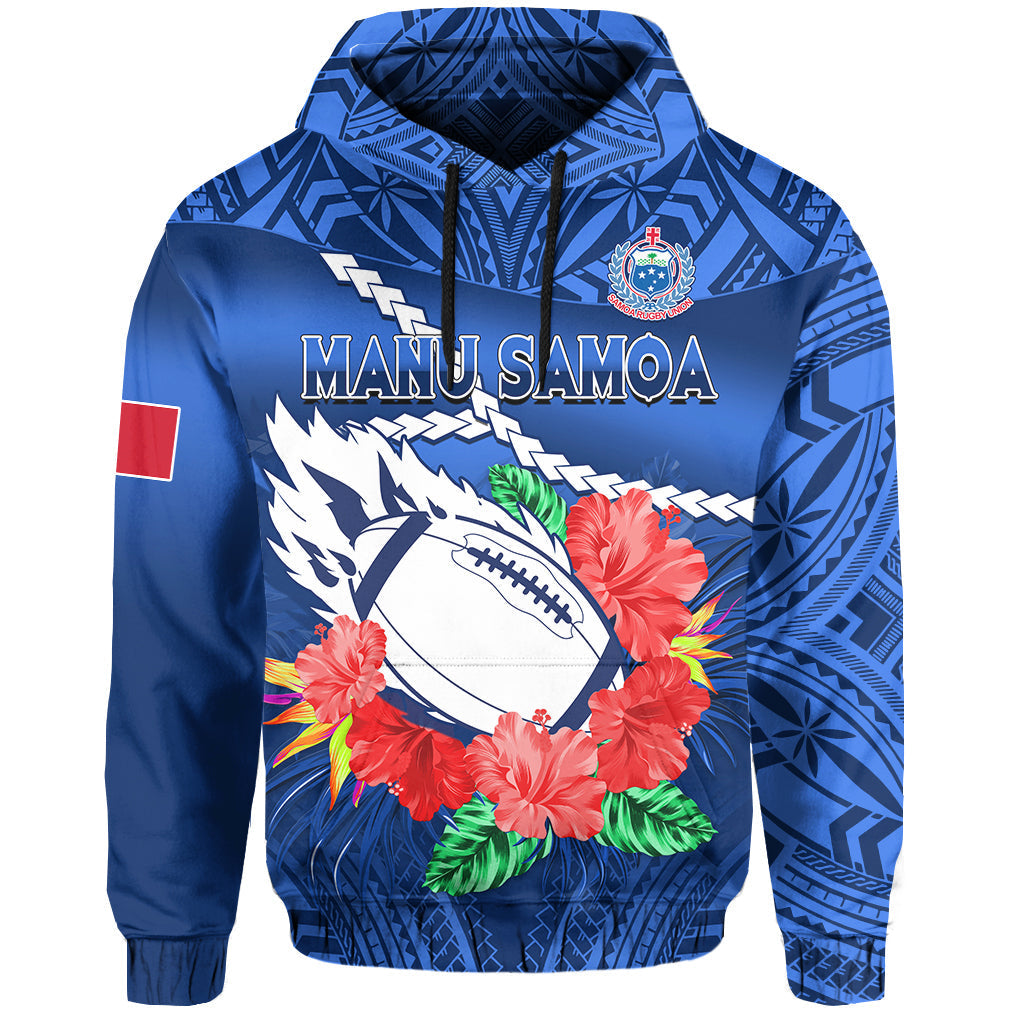 Custom Samoa Rugby Hoodie Manu Samoa Polynesian Hibiscus Blue Style - Wonder Print Shop