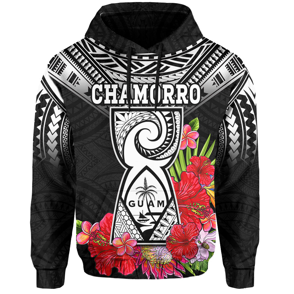 Custom Personalised Guam Chamorro Hoodie Guaman Latte Stone Tropical Flowers Black Style - Wonder Print Shop