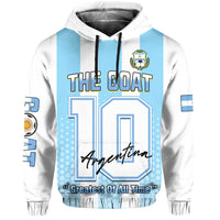 White and light-blue Argentina pullover hoodie with front 'The GOAT' graphic and number 10