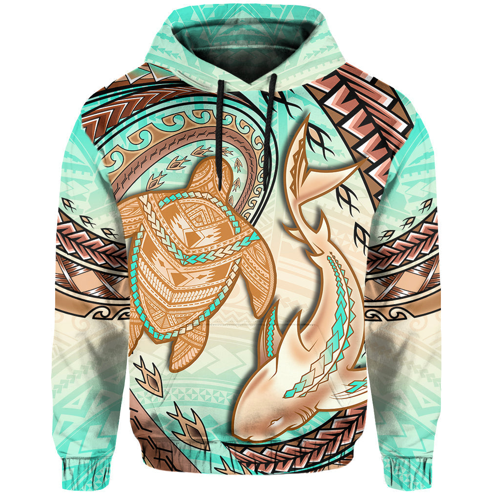 Hawaii Hoodie Polynesian Shark And Sea Turtle Dreamy Turquoise Artsy - Wonder Print Shop