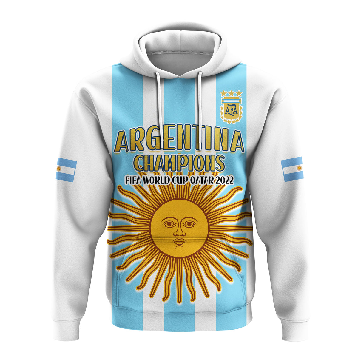 White pullover hoodie with Argentina Champions text, AFA crest, sun face emblem