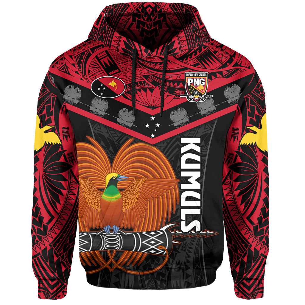 Black pullover hoodie with red tribal back print, vertical KUMUL logo and bird emblem